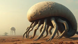 The image depicts a surreal and eerie scene featuring a large, bulbous creature with a textured, organic appearance. The creature has a massive, egg-like head with a smooth, almost spherical surface. It is supported by a series of long, slender legs that are also textured, resembling the body of a large, segmented creature. The legs are arranged in a way that suggests movement, with some legs appearing to be in motion, as if they are walking or crawling. The background is a desolate, barren land