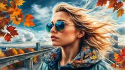 portrait, sky, clouds, strong wind, leaves, blonde woman on the roof of the 9th floor, double exposure, sunglasses, autumn, bridge, hyper-detailed, depth of field, photorealism, 3d, 64k, high resolution, hyperrealism, f/16, 1/ 300 s. ,DeepDream-generated image depicting,