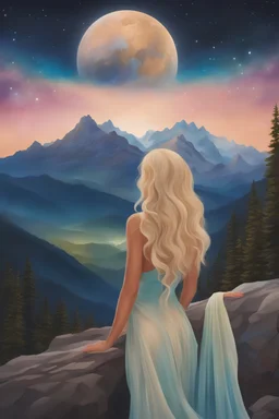 create a very tall mountain, with a summit in the stars, from above a beautiful and luminous goddess with long hair as dark as night and jewels in her hair looks at the Earth and sees a blond man in a work meeting
