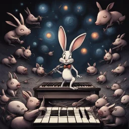 dark colours bugs bunny being a composer piano violin and is surrounded by swarm pig pig swinewasp swine pigpen pigsty on an diffrent planet cosmos lovecraft