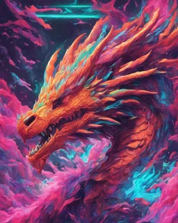 Close up shot, Dragon in a vibrant synthwave dreamscape, neon chaos swirling energetically around pixelated forms, a dynamic fusion of retro gaming nostalgia and futuristic abstraction