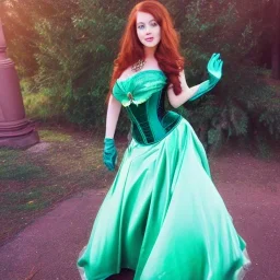 Art of a princess with long auburn hair in a big teal green and gold satin ballgown corset off shoulder top and long white gloves dancing