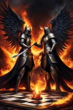 Create an awe-inspiring digital painting of a mythical duel between an infernal knight and a divine queen on an expansive chessboard. The knight, an imposing figure with armor that weaves darkness and flames, stands engulfed in smoldering embers and crackling fire. Opposite him, the queen emanates a celestial aura, her wings unfurling with brilliant light and pure energy. They confront each other amidst a dynamic backdrop of a futuristic city skyline, with stormy clouds overhead and bolts of lig