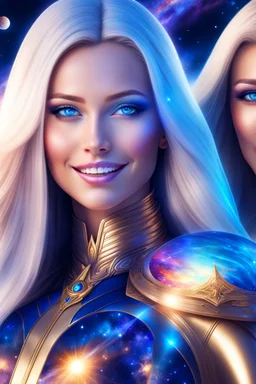 cosmic woman smile, admiral from the future, one fine whole face, crystalline skin, expressive blue eyes,rainbow, smiling lips, very nice smile, costume pleiadian, Beautiful tall woman pleiadian Galactic commander, ship, perfect datailed golden galactic suit, high rank, long blond hair, hand whit five perfect detailed finger, amazing big blue eyes, smilling mouth, high drfinition lips, cosmic happiness, bright colors, blue, pink, gold, jewels, realist, high commander