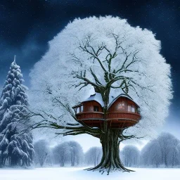 A giant tree the in the Winter With a giant treehouse in it