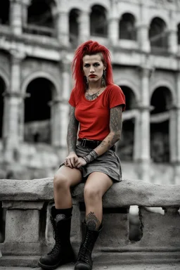 A portrait of an attractive young Italian punk girl. Photo taken in front of the Colosseum. Holey T-shirt, short red skirt, heavy boots, a few tattoos and piercings, colourful teased hair voivod style, sitting pose, 70 mm lens, classic Ilford film, highly detailed skin, small mole over lips