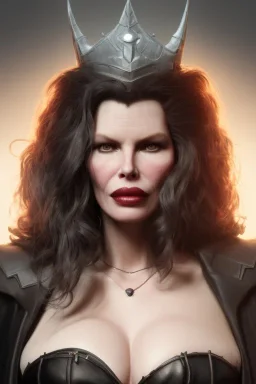 Kim Basinger as evil queen in black leather, busty, cleavage, curvy, angry, stern look. character design by cory loftis, fenghua zhong, ryohei hase, ismail inceoglu and ruan jia. unreal engine 5, artistic lighting, highly detailed, photorealistic, fantasy