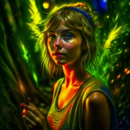 paint splatter, photorealism, a hippie pixie in the underground grove glowing light, in the style of escher, 8k, down-light, soft light, depth of field, photo realism, trending on art station, high detail, smoke and fog