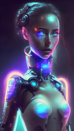 Image d'un cyborg femme humanoid futuriste avec un regard aguicheur et un peu de glow effect visible jusqu'aux hanches