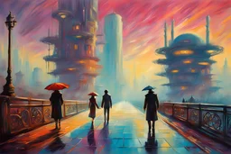 painting of a futuristic psychedelic cyberpunk colourful walkway with two people making an exchange in the city with pollution by monet. umbrella. open space