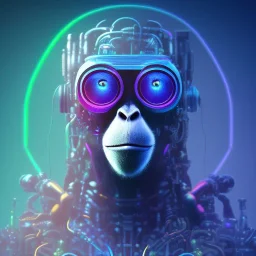 A beautiful portrait of a cyborg monkey purple neon color scheme, high key lighting, volumetric light high details psychedelic background