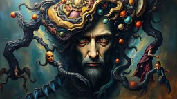 Within the surreal scene, a mesmerizing tapestry of inception unfolds: a painting within a painting. At the forefront, an intricate portrait of a mysterious figure draws the eye, its depths revealing a hidden world beyond. The masterful oil painting, rich in vivid hues and fine brushwork, exudes an aura of enigmatic beauty. Each brushstroke tells a story, inviting viewers to lose themselves in the captivating layers of artistry.