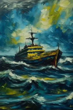 Oil painting in van gogh style, of a container ship in rough weather