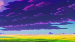 floating ruins of an asian village with purple sky full of stars, sunflower field, anime, high res, makoto shinkai