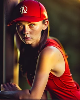 woman with a red baseball hat. leaning on a wooden balcony. night time. fantasy. studio lightining.