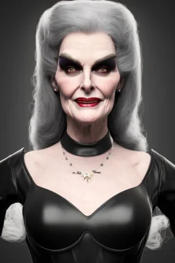 Carmen Dell`orifice as evil queen in black leather gown, angry, busty, curvey, cleavage, unreal 5, octane render,cinema4d, dynamic lighting, dramatic lighting, 4k, redshift render, highly detailed, hyper realistic