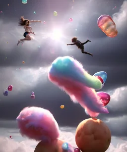 Ultra realistic speed clouds sky scene, wide angle view, sweet men falling down with many Childs, feather color clothing, free jumping flying, many trinkets, hair monster, many jelly beans, balls, color smoke, smile, happy, circus style, extreme, wind, clouds sea, 20,000 feet altitude, stratosphere, soft color, highly detailed, unreal engine 5, ray tracing, RTX, lumen lighting, ultra detail, volumetric lighting, 3d, finely drawn, high definition, high resolution.