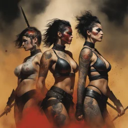 [art by Dave McKean and Katie Kush & Kenna James] Rebirthing undies two gorgons armoured female warriors covered with tattoos ready to fight on the battlefield under dust and blood