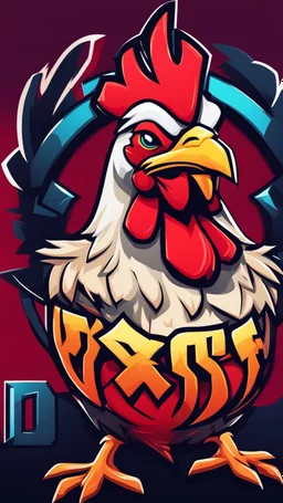 Create a bold and vibrant gaming logo featuring a chicken, with a dynamic composition, bright colors, and dynamic lighting