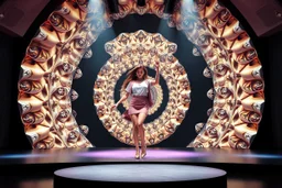 modern stage with a pretty lady in modern clothing dancing, 3D recursive fractal structure animating background