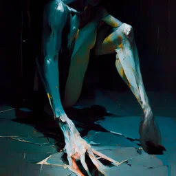 Minimal abstract oil paintings close up person limbs sinew and concrete fragments illuminated at night style of Justin Mortimer