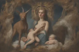 baphomet, attractive woman with head of a goat, holding a human child, chest and neck exposed, virgin mary composition