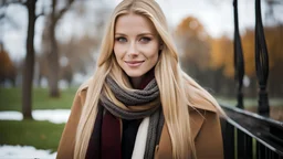 Professional high photography photo, young 19 year old caucasian woman wearing a winter coat and scarf. She has long blonde straight hair, low angle, seductive smile, sexy, earrings, in a park during the Fall, detailed face, dark theme, daytime, soothing tones, warm colors, high contrast, (natural skin texture, hyperrealism, soft light, sharp), (freckles:0.12), (acne:0.12),