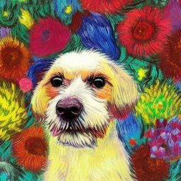 cute multicolored crystal dog, ultra realistic, background of flowers, volumetric lighting, fantasy, highly detailed, lighted background in style of vincent van gogh