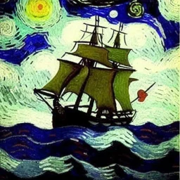 Viejo Barco Pirata navegando en la tormenta con nubes estilo Vincent van Gogh