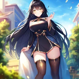 girl, masterpiece, best quality, volumetric lighting, detailed outfit, perfect eyes, black hair, golden eyes, long hair, thigh highs, outdoors,