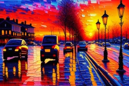 Sunset in the street, impressionism painting