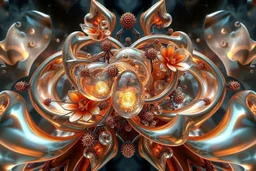 Dynamic complex hypnotic fractal 3D structures Symmetry twisting and morphing between cifi plants ,flowers and metal 3d geometric forms , smooth translucent iridescent glass with inner glow and bubbles, varied transparent materials, stormy skies, intense dramatic