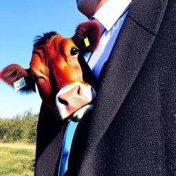 A cow wearing a suit and tie