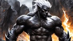 acrylic illustration, acrylic paint, oily sketch, black humanoid made of rock, upper body, barechested, male, ((masterpiece, best quality)), cracked skin, white electricity coming through cracks, muscular male, (dragonborn:0.6), white hair outdoors, detailed background , depth of field