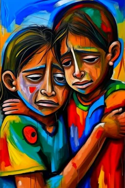 a girl hug her brother and both crying sadly, expressionism, Pixar style, in abstract art Basquiat, Picasso, Miro, Kandinsky, Klee, Birell, Fairey, Ardon, Buffet aand Picasso style, HD --s 750 --v 5.1 --style raw, water color