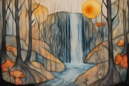 painted and burned burlap, ranforest, flora and fauna, waterfall, styles of Paul Klee Dee Nickerson and Tim Burton, melting watercolor and black ink outlines on wet paper, soft, shading strokes, in sunshine, ethereal, otherwordly, cinematic postprocessing, bokeh, dof