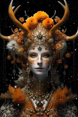 Woman humanoid reindeer queen portrait with extremely textured skin and Golden dust white floral crown and fur, adorned with white and light ginger berry colour snowy leaves and snow flblack. Orchid with small seapearls ornate crystal lace, wearing pearl black lace effect Halloween costume and masque Organik bio spinal ribbed detail of snowy orange candle athmoshpheric full. Ornate floral background white spider web and a pumpkin around extremely detailed hyperrealistic maximálist concept ar 64K