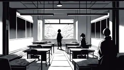 monochromatic japanese classroom with a shadowy figure looking out the window holding a transparent key emanating glow that colors the surroundings, anime