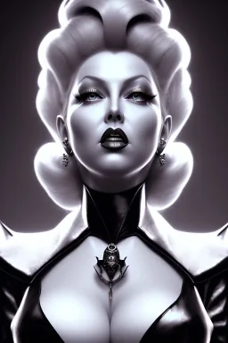 Lana Turner as evil queen in black leather, leather, busty, cleavage, angry, stern look. character design by cory loftis, fenghua zhong, ryohei hase, ismail inceoglu and ruan jia. unreal engine 5, artistic lighting, highly detailed, photorealistic, fantasy