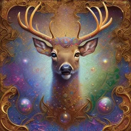 deer , 500 x 500 pixels, glitter gold, extremely detailed fractal , fractal gems, fractal crystals, gold glitter, digital oil painting , detailed art illustration, vibrant, cinematic, ornate, luxury, 8K polished in the style of Josephine Wall, Brian Froud.Thomas Kinkade