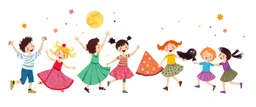 whimsical illustration of children playing and dancing. children's book style, on a white background