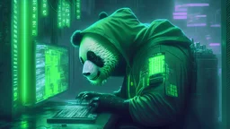 realistic Panda Hacker using a server computer green light in cyberpunk scenario green lights without glasses in the top of building