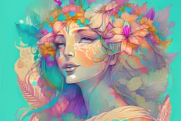 A detailed illustration a print of a vintage goddess, perfect beautiful friendly face, photorealistic, large colorful flower splash, t-shirt design, in the style of Alphonse Mucha, colorful tropical flora pastel tetradic colors, 3D vector art, cute and quirky, fantasy art, watercolor effect, bokeh, Adobe Illustrator, hand-drawn, digital painting, low-poly, soft lighting, bird's-eye view, isometric style, retro aesthetic, focused on the character, 4K resolution, photorealistic rendering, CMYK, us