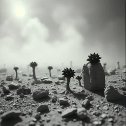 A striking quality close-up Ilford photograph captures a wasteland with odd stones, odd spindle-shaped objects, spooky, creepy, details of the dust very accentuated, glossy, organic, adorned with minerals and rocks, fog. Bathed in feeble light, eerie, Max Ernst style, black sun, fog, volumetric light, octane render, flower