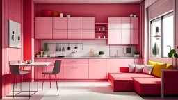 modern small apartment with kitchen and sofa - 3d রেন্দেরিং গোলাপিকালার ও লাল কালার