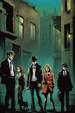 Design a detective book cover for teenagers. Three teenage detectives and black cat in the centre, one boy on her left, the girl in the centre and one on her right are on the town street. Banksy style, modern comic book style, mysterious atmosphere,