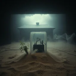 A photo of a closed environment in a dark closed space. In the background there is a bulding. At the center, a structure made of plastic. Some electronical devices. Plants, clouds. The surface below appears to be sandy, with small accumulations of sand. Fog, powder. In the background, other forms or structures are visible, some of which are thin and transparent. The photo was taken with a Hasselblad H6D 400c camera.