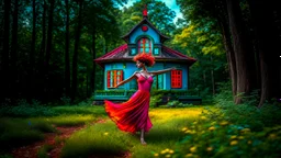 slim nymph dancing in a woodland clearing, with a woodland house behind her. vibrant colour