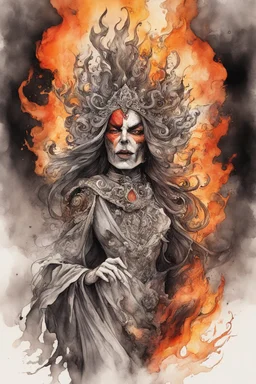 create an abstract ink wash and watercolor caricature portrait of a beautiful, malevolent, ornately dressed , 14th century sorceress engulfed in fire ,highly detailed with refined facial features in the cartoon caricature style of Gerald Scarfe and Ralph Steadman precisely drawn, boldly inked, vividly colored, 4k