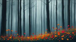 A mystical forest scene rendered in a painterly, dreamlike style with soft, blended brushstrokes. Tall, slender, dark tree trunks rise vertically, creating a dense, shadowy canopy that fades into a muted gray-blue haze. At the forest floor, a vibrant explosion of wildflowers bursts in vivid hues—fiery reds, glowing oranges, deep purples, and hints of teal—creating a surreal contrast against the somber backdrop. The lighting is diffused and ethereal, as if filtered through mist, enhancing the mag